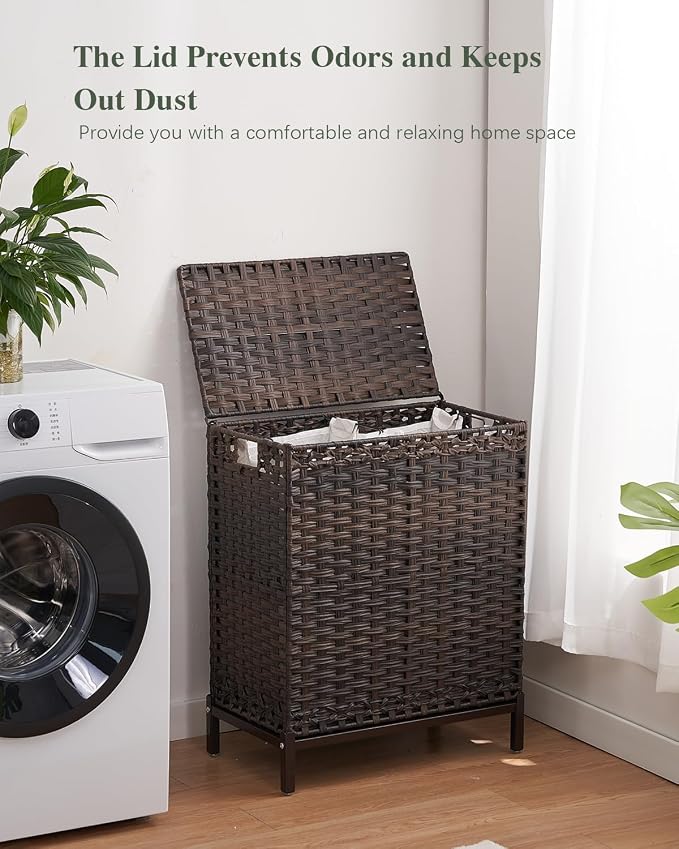 SETVSON Laundry Hamper with Lid, 29.6 Gal 2-Bag Clothes Sorter, Brown | 112L 2-Section PE Rattan Hamper with Lid, Metal Heightened Feet, 2 Removable Liners, 6 Mesh Laundry Bags, Steel Frame - Image 7