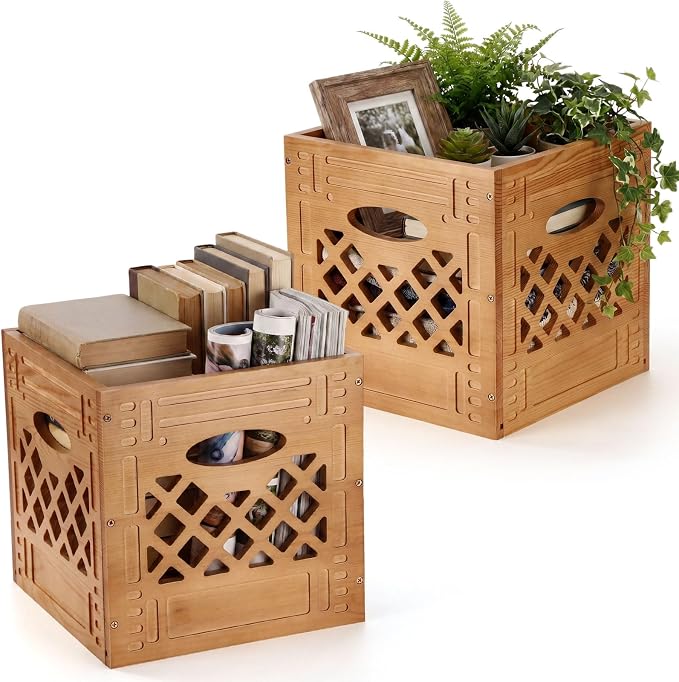 2 Pack Wooden Milk Crate, 11 x 11 x 11 Inch Stackable Rustic Wood Storage Crate with Handles, Decorative Farmhouse Basket Organizer for Home, Kitchen, Office - Image 8