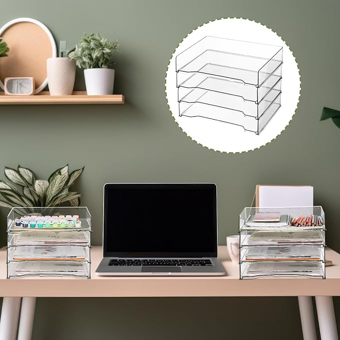 DoubleFill 4 Pcs Stackable Letter Tray Plastic Paper Tray, Clear | 13 x 9.5 x 2.6 In, Rectangular, Paper Holder, File Tray for Desktop Office Desk Drawers - Image 6