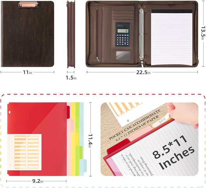 Ospelelf Zippered Portfolio Binder, Leather Clipboard Folder with Storage, 3 Ring Binder 1 Inch, 12.1” Tablet Sleeve, 5 Dividers with Pocket, Refillable Notepad, Card Slot (Brown) - Image 2