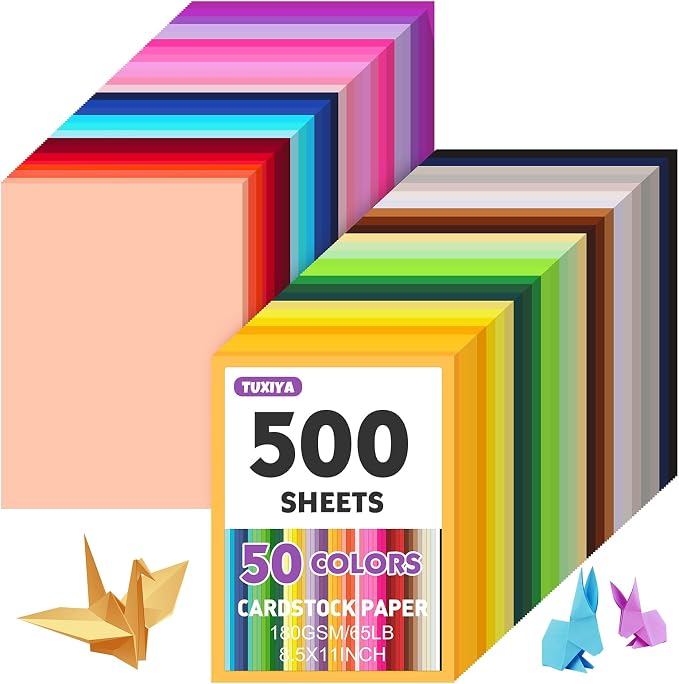 TUXIYA 500 Sheets 8.5" X 11" Colored Cardstock, 50 Colors Card Stock | 50 Assorted Colors Construction Paper Printer Paper for Printing, Card Making, DIY Crafts, School Supplies,Party 180GSM/65LB by Unknown