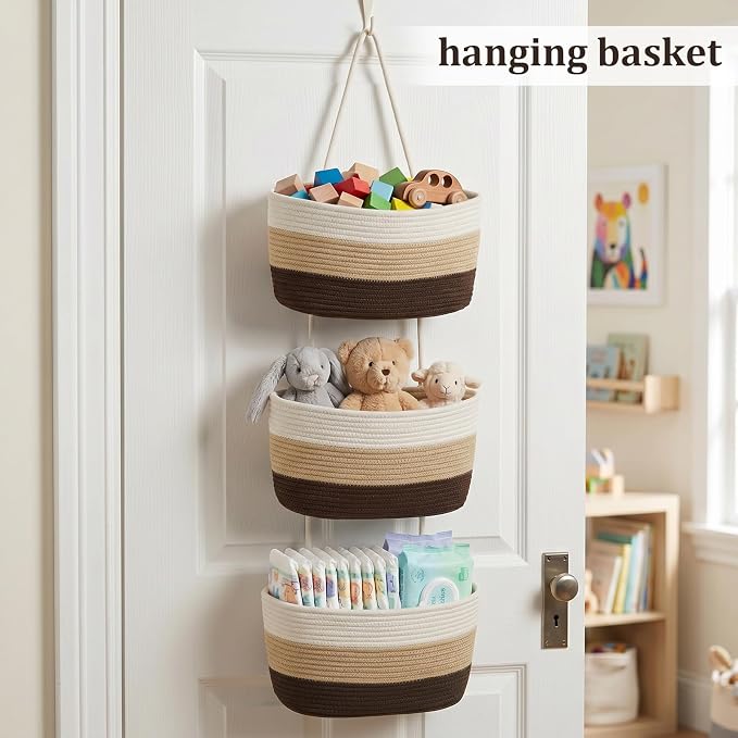 TeoKJ Over the Door Hanging Basket, 3-Tier Woven Cotton Wall-Mounted Storage Organizer Bag Decorative Hanging Nursery Baskets，Gradient Brown - Image 4