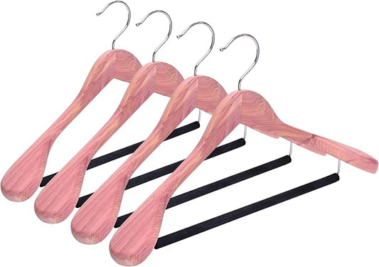 Unfinished American Red Cedar Wooden Coat Suit Hangers with Extra Wide Shoulder, Wood Jacket Clothes Hanger with Non Slip Black Padded Pant Bar- 360°Flexible Hook, Natural 4 Pack by Kiesor
