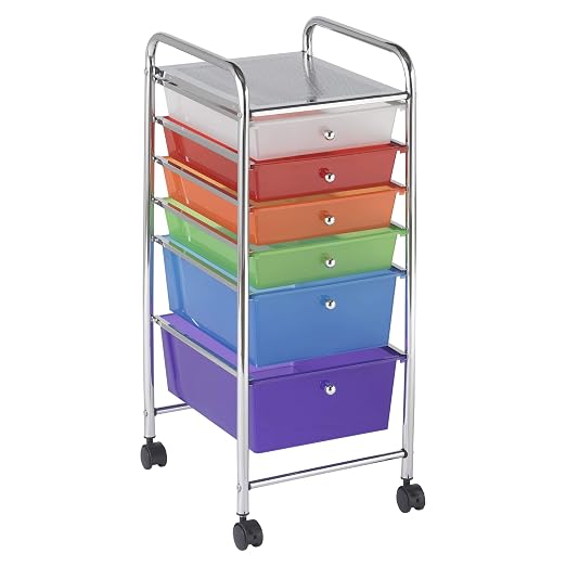 ECR4Kids 6-Drawer Everyday Rolling Utility Storage Cart, Mobile Organizer, Assorted | Durable plastic bins, steel frame, GREENGUARD Gold Certified, 50 lb capacity, rolling casters, craft supplies, office, home by ECR4Kids