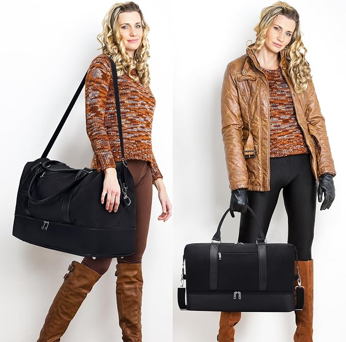Oeihuivt Weekender Bags for Women - 21 Inch Large Travel Duffel Bag 2-Piece Set with Shoe Compartment, Heavy-Duty nylon & Leather Carry On Overnight Tote (Airplane Approved) - Image 9