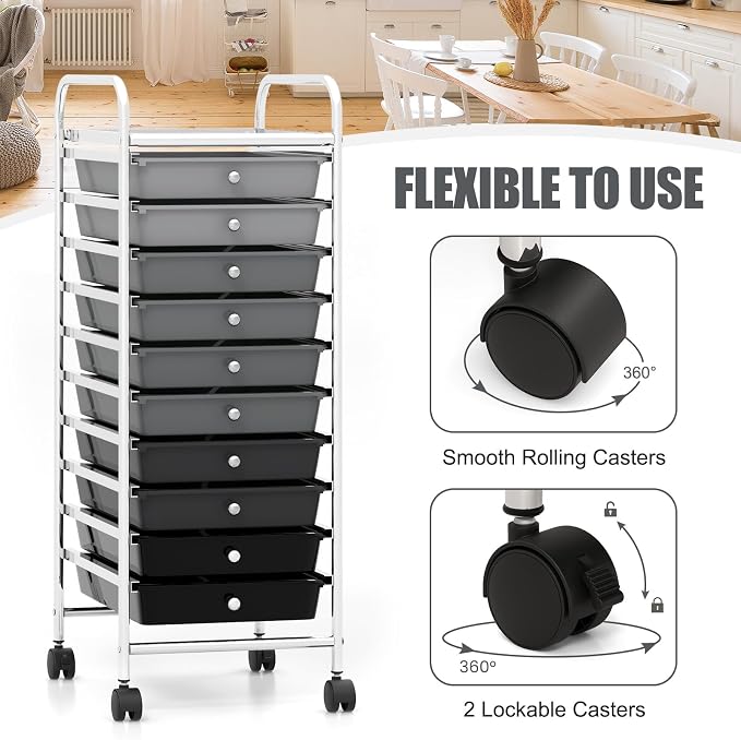 GOFLAME 10-Drawer Rolling Storage Drawer Cart, Utility Cart with Removable Drawers & Metal Frame, Mobile Art Craft Drawer Cart with Lockable Wheels for Home, Office, Studio, School, Gray Gradient - Image 5