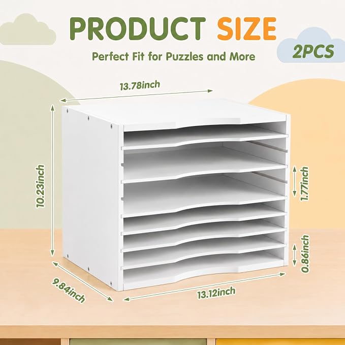 Ripeng 2 Pack 7-Tier Bamboo Puzzle Holder Rack, Adjustable Storage Organizer for Flat and Thick Jigsaw Puzzles, Space Saving Desktop Shelf, Gift for Craft Jigsaw Puzzle Lovers (White) - Image 3