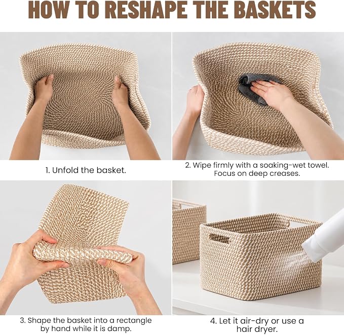 5 Pack Woven Storage Baskets, Decorative Storage Bins for Organizing | 13.8'' × 9.8'' × 7.9'', Cotton Rope Basket Organizer for Closet, Shelves, bathroom, Nursery, Toys, Books, Pantry, Khaki - Image 6