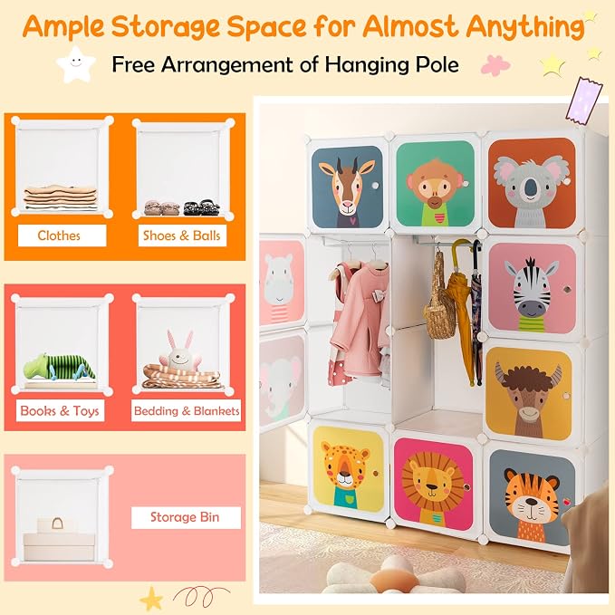 HONEY JOY Kids Wardrobe Closet, Baby Cartoon Clothes Storage Organizer, 12 Cubes & 2 Hanging Sections, Portable Children DIY Modular Bedroom Armoire Dresser Cabinet for Boys Girls (White) - Image 5