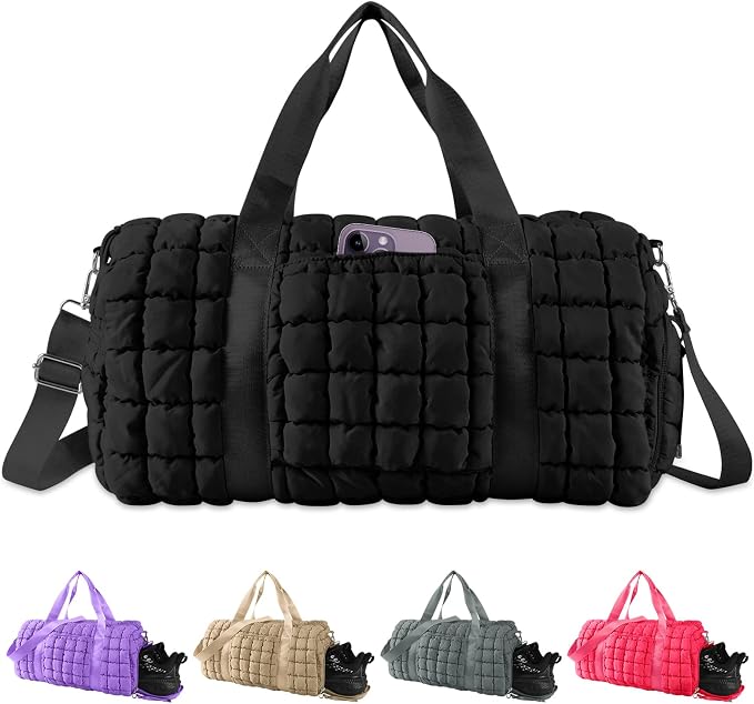Quilted Travel Duffle Bag Gym Bag for Women,Large Puffer Duffle Weekender Bag with Compartment,Workout Overnight Carry on Organizer Bag Duffle Bag for Airplane Travel(Black) by XSUIOY