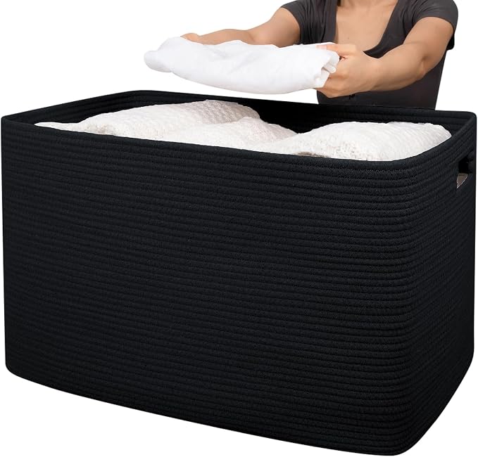 OIAHOMY 118L XXXLarge Cotton Rope Storage Basket, Oversized Blanket Basket, Used for Organizing Dirty Clothes in Living Room, Bedroom, Nursery, Dog Toy Storage Bins, 25" x 17" x 16",Black by MasterofSpaceOptimization