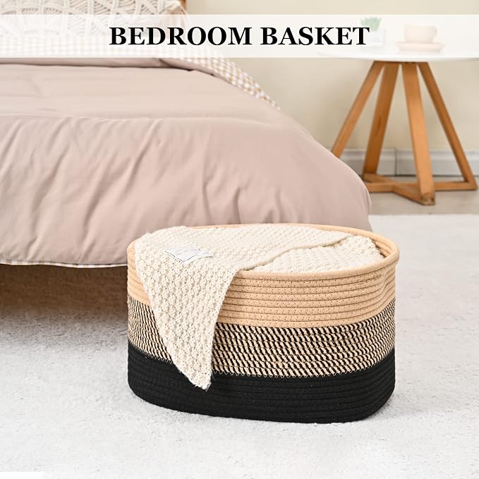 Cotton Rope Storage Baskets for Organizing 1Pack 15"x10"x9" Woven Baskets for Storage,Shelf Baskets Cube Storage Bins Towel Baskets for Bathroom,Toys Baskets Nursery Basket Laundry Baskets(Black/Brown) - Image 5