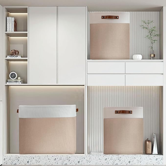 DULLEMELO Large Storage Baskets for Organizing, Canvas Storage Bins Big Baskets With Handles for Shelf Clothes Empty Gift Basket (White&Khaki) - Image 7