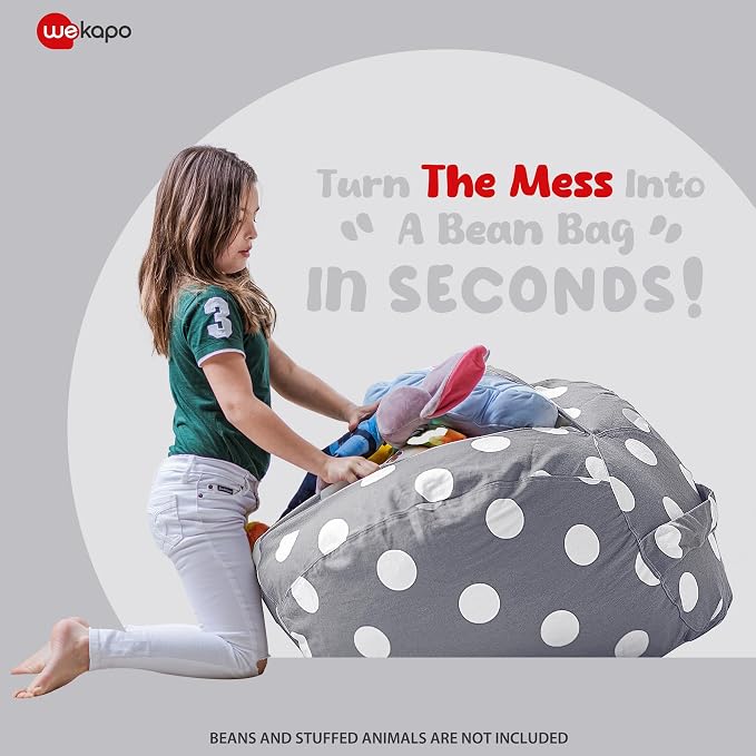 WEKAPO Stuffed Animal Storage Bean Bag Chair Cover for Kids | Stuffable Zipper Beanbag for Organizing Children Plush Toys Large Premium Cotton Canvas (Gray Dot, X-Large) - Image 3