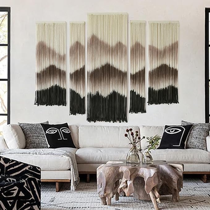 5Pcs Set Macrame Wall Hanging Mountain Art Brown Dip Dyed Boho Wall Decor | Cotton Rope Craft, Mountain Wall Art, 5 Piece Set, Ready To Hang, Wedding Backdrop Decor - Image 2