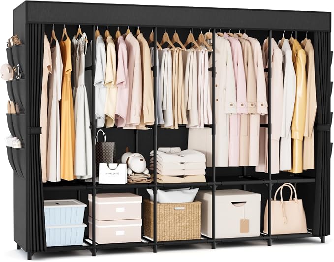 Portable Closet Storage, Portable Wardrobe Closet Organizer Clothes Rack wtih Cover, Hanging Rod, Storage Shelves and Side Pockets, Large Portable Closets for Hanging Clothes, Black by BRFOYU