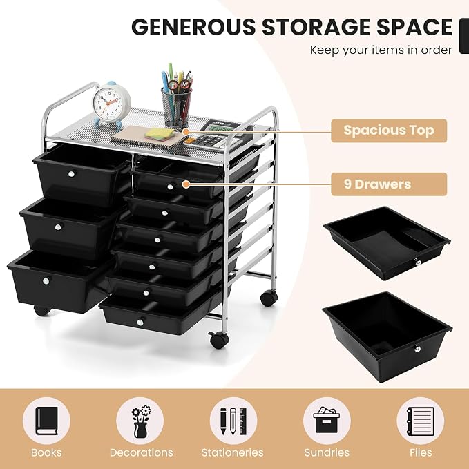 9 Drawer Rolling Storage Cart, Rolling Cart with Drawers for Classroom, Art Supply Craft Organizer on Wheel with Metal Frame & Handles for Home Office School - Image 5