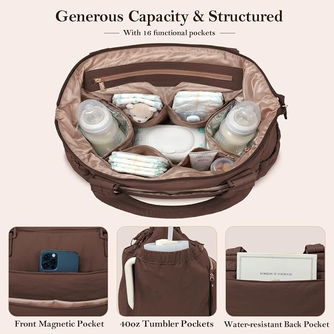 MOMINSIDE Diaper Bag Tote with Changing Station Convertible Diaper Bag Backpack Tote pañaleras para bebe Large Baby Bag, Hospital Bag Mommy Bag Travel Diaper Bag for Mom, 16 Pockets, Dark Brown - Image 3