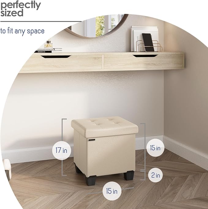 Storage Ottoman Cube with Small Bin, 15-in Square Ottoman with Storage for Living Room and Bedroom, Small Ottomans Foot Rest, Leather Foot Stools Ottomans Max 330lbs, Beige - Image 8