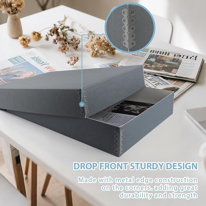 Lineco, Archival Newspaper Preservation Storage Box, 18''x13''x3'', Gray | Drop Front Design with Metal Edge, Acid-Free File Organizer, Preserve Photos, Documents, Scrapbook, Magazines, Negatives - Image 3