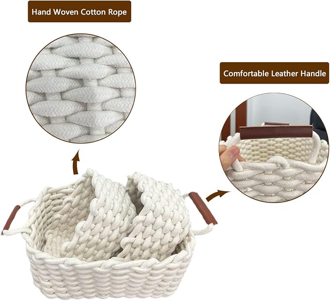 3 Pack Small Cotton Rope Basket with Handles Woven Storage Basket Rectangle Stackable Nursery Storage Baskets Decorative Shelf Basket Organizer Gift Baskets for Toys Small Items(White) - Image 3