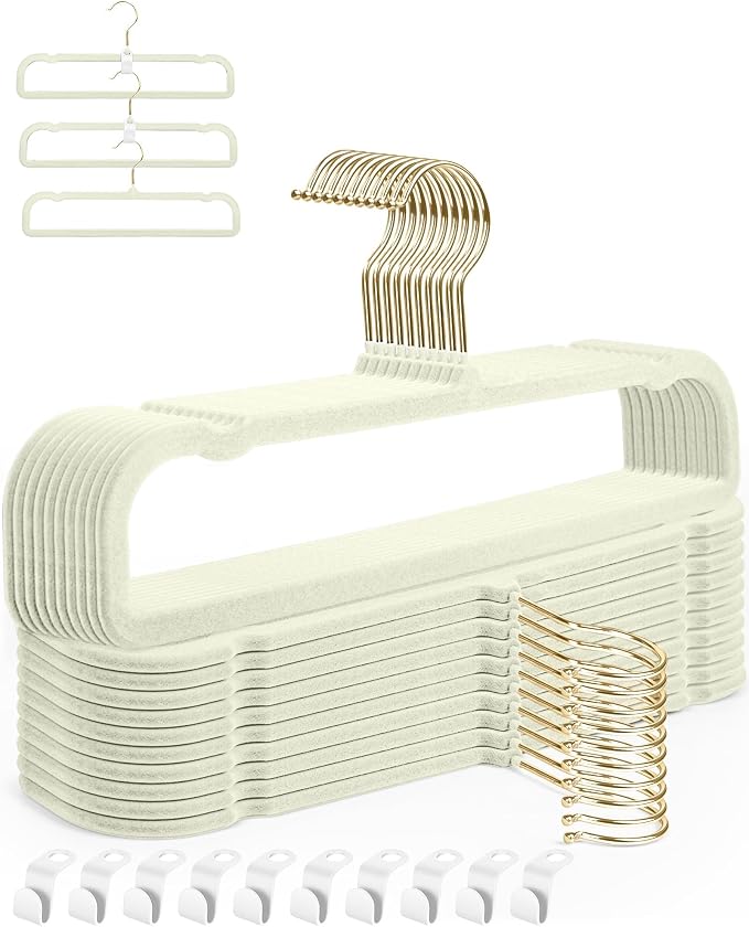 20 Pack Velvet Pants Hangers for Closet Space Saving, Thin Hanger(White) | Heavy Duty Flocked Trouser Hangers,Strong, Durable, Clothes Hanger with Golden Swivel Hook, Jean Hangers for Women and Men by Yxspace