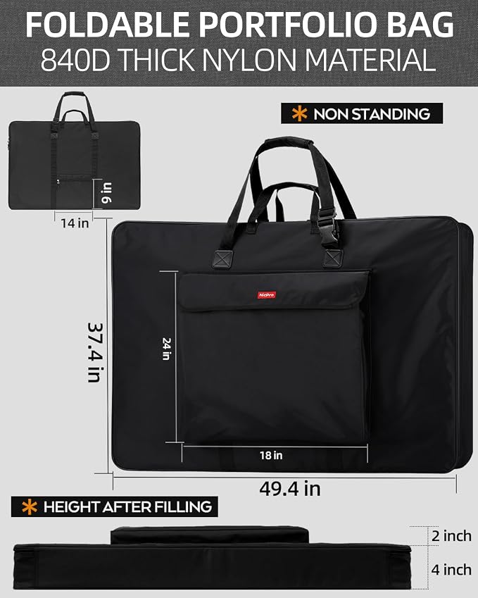 Nicpro Large Art Portfolio Bag 36 x 48 in, Nylon Artist Storage Case | Adjustable Shoulder Strap, Waterproof Carrying Bag for Professional Artwork Sketch Drawing Canvas Photography Poster - Image 2