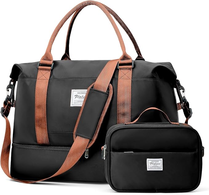 Large Weekender Bags for Women, Travel Duffel Bag with Shoe Compartment,Personal Item Travel Carry on Overnight Bag for Women Travel Set,Black & Brown by SUNMOP