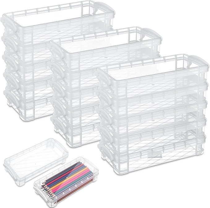 Gueevin 12 Pcs Large Capacity Plastic Pencil Box Clear Plastic Pencil Case Crayon Box with Snap Tight Lid Watercolor Pen Storage Brush Organizer Drawing Tools Container (White) by Gueevin