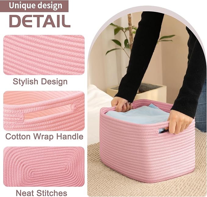 OIAHOMY 4 Pack Storage Baskets for Organizing 15L Cube Storage Bins Pink | Woven Baskets for Storage Rectangle Small Baskets With Handles Baskets for Shelves Wicker Baskets for Shelves 12.7x9x7.8inch - Image 3