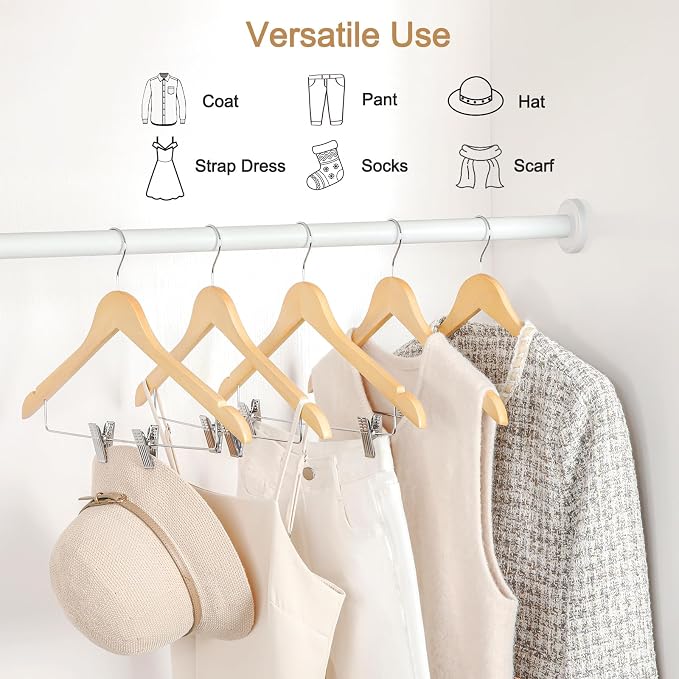 TOPIA HANGER Wooden Suit Hangers with Adjustable Metal Clips (20 Pack), Solid Smooth Wood Clothes Hangers, 360° Swivel Hook, Premium Pants Hangers for Clothes Coat, Jeans, Blouse-Natural, CT28N20 - Image 3