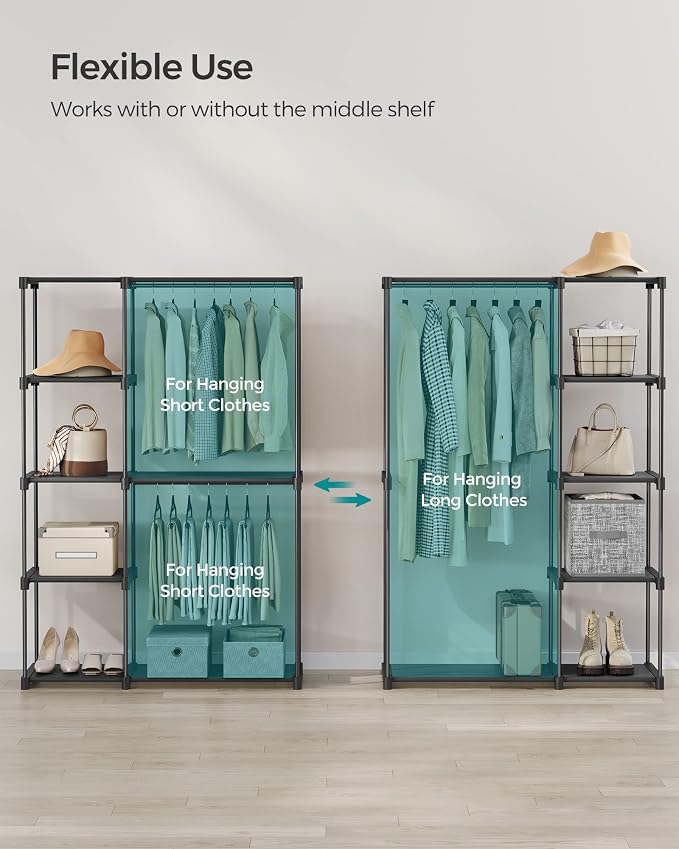 SONGMICS Portable Closet, Freestanding Closet Organizer, Clothes Rack with Shelves, Hanging Rods, Storage Organizer, for Cloakroom, Bedroom, 48.8 x 16.9 x 71.7 Inches, Black URYG026B02 - Image 3