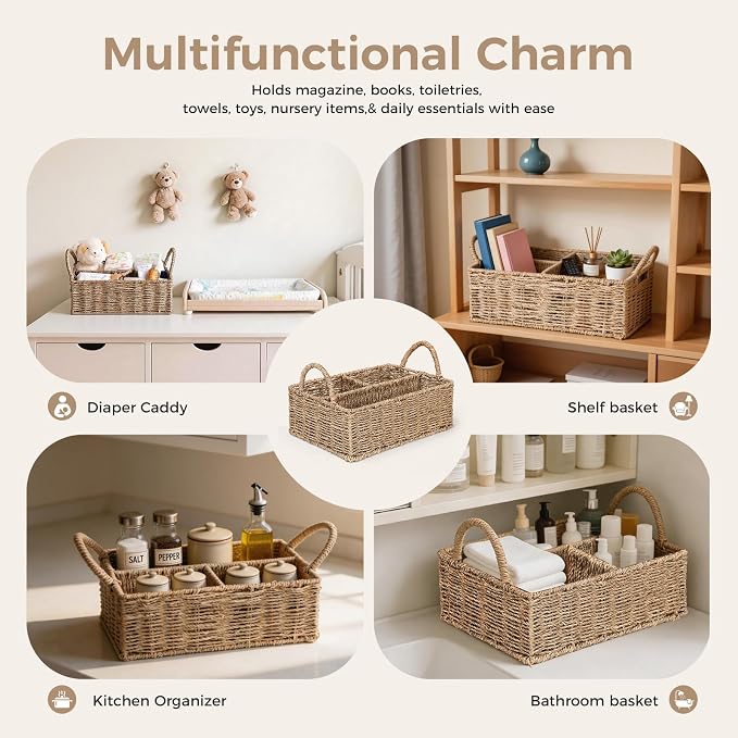 Diaper Caddy Organizer, Hand Rattan Nursery Baby Basket Changing Table Organizer for Baby Essentials, Baby Shower Gifts, Versatile Shelf Basket Bathroom/Kitchen Organizer (Natural Beige, L) - Image 7