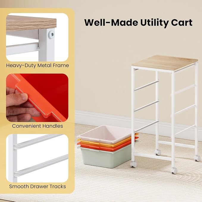 GOFLAME 4-Drawer Rolling Storage Cart, Craft Storage Cart with Wooden Tabletop and Lockable Wheels, Art Cart Supply Storage Organizer with Metal Frame for Home Office Classroom, Macaron Color - Image 7