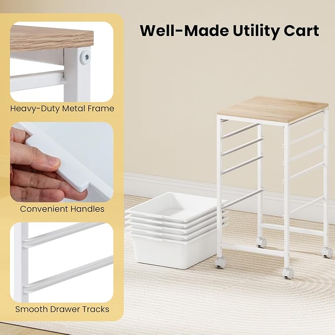 GOFLAME 5-Drawer Rolling Storage Cart, Craft Storage Cart with Wooden Tabletop and Lockable Wheels, Art Cart Supply Storage Organizer with Metal Frame for Home Office Classroom, White - Image 7