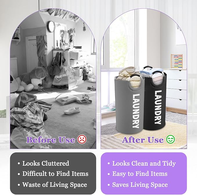 2Pcs Folding Clothes Basket with Handles, Large Laundry Basket for Family | IHOMAGIC 95L Stand-alone Dirty Clothes Hamper, Portable Laundry Bin, Storage Basket for Hotel, Dorm, Apartment, Grey+Black - Image 6