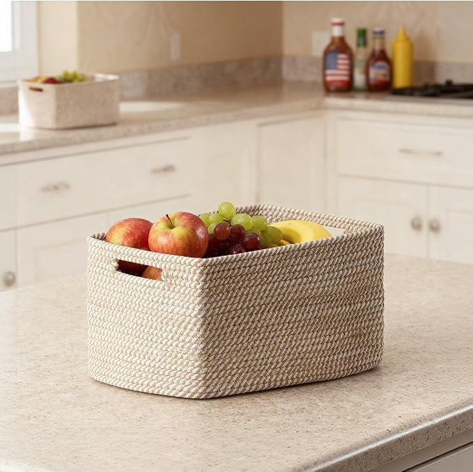 5 Pack Woven Storage Baskets, Decorative Storage Bins for Organizing | 13.8'' × 9.8'' × 7.9'', Cotton Rope Basket Organizer for Closet, Shelves, bathroom, Nursery, Toys, Books, Pantry, Khaki - Image 8