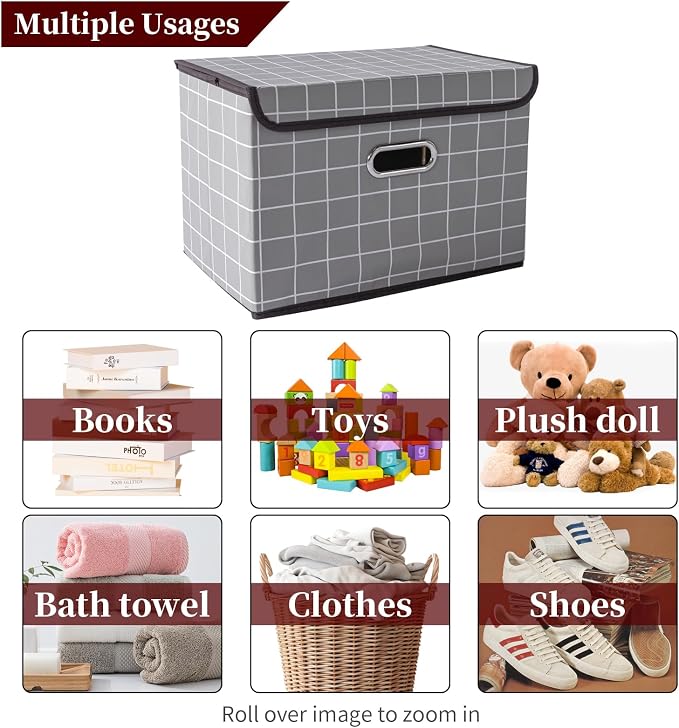 STOREONE Fabric Storage Cube Bins Foldable Organizer Container Collapsible Basket with Lids and Metal Handles, for Home, Bedroom, Closet 3 Pcs (Grey grid) - Image 3