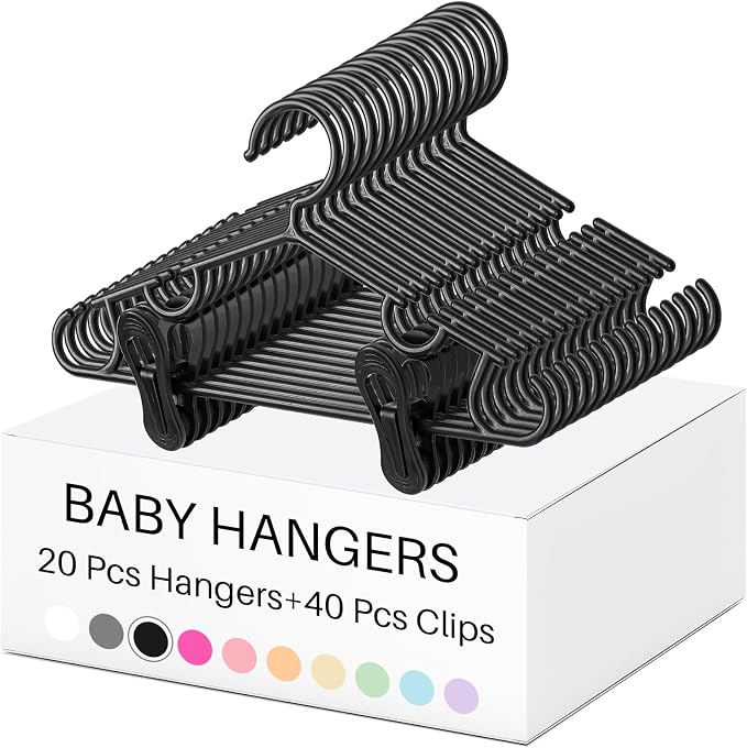 Hsei Baby Hanger with Clip for Pant,60 Packs Total,Black,10.6 Inch | 20 Kids Plastic Hanger with 40 Clips for Newborn, Nursery, Daycare, Preschool, Closet, Wardrobe Organizer for Baby Shower by Hsei