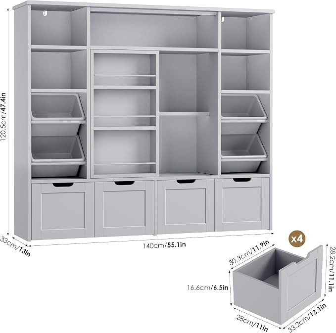 Toy Storage with Sliding Bookshelf, Toy Organizer with 4 Bins | 55.1’’ W Large Toy Storage Organizer Kids Bookshelf with 4 Movable Drawers, Toy Bins Playroom Storage for Kid Room, Grey - Image 2