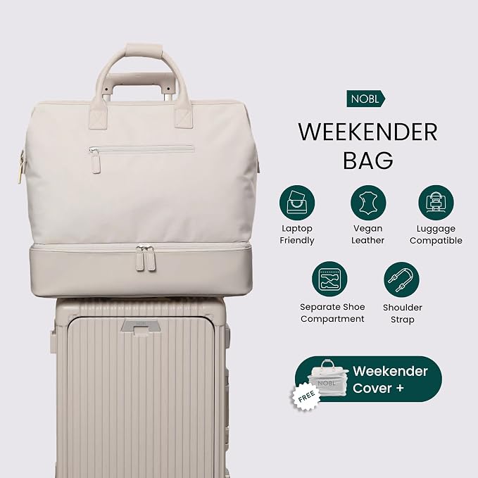 Nobl Travel Weekender Bag for Women & Men, Large Carry-On Duffel, Beige | Leather Overnight Tote with Trolley Sleeve, Separate Shoe Compartment & Laptop Pocket for Airplane, Gym & Road Trips - Image 5