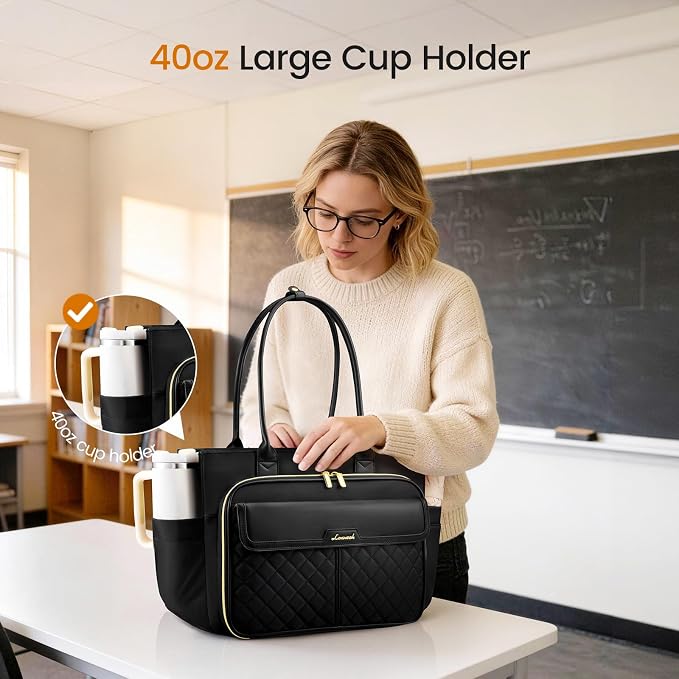 LOVEVOOK Laptop Tote Bag for Women with Accordion File Area, Work Bag for Teacher with Large Cup Holder, Quilted Nurse Diaper Bag for Travel, Computer Women's Handbags for Teacher Gift, 17.3 Inch - Image 3