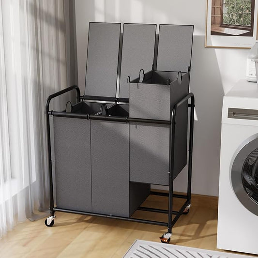 180L Laundry Sorter 3 Section with Lockable Wheels and Lid Grey | 3 Large Separate Removable Bags | Heavy Duty Rolling Laundry Basket | Laundry Hamper Cart for Laundry Room Organizer by YKDIRECT