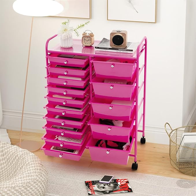 DREAMADE Rolling Cart with 15 Drawers, Rolling Drawer Organizer Cart w/Lockable Wheels, Removable & 2-Sized Storage Drawers, Art Cart for School Home Art Supplies Crafts File Scrapbook - Image 8