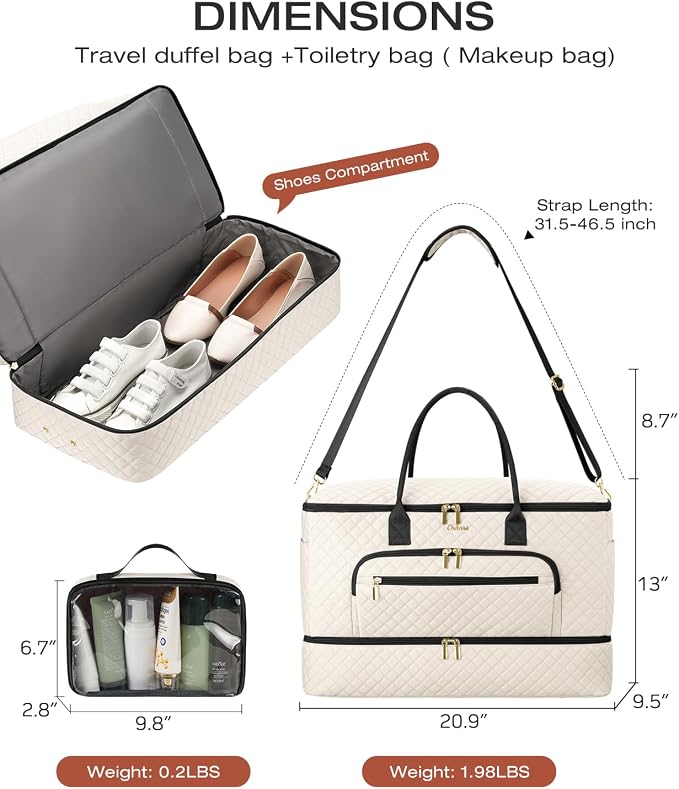 Travel Duffle Bag, Wide Open Large Weekender Bag for Women with Shoe Compartment, Carry on Overnight Bags with Toiletry Bag, Hospital Bag for Women Labor Delivery with Wet Pocket (Beige Black) - Image 4