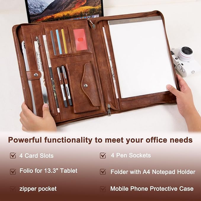 AZXCG Portfolio with Handle,Leather Padfolio for Men,Business Padfolio Organizer for Women,Portfolio Binder with Pockets Letter Size A4 Writing Pad Notepad - Image 4