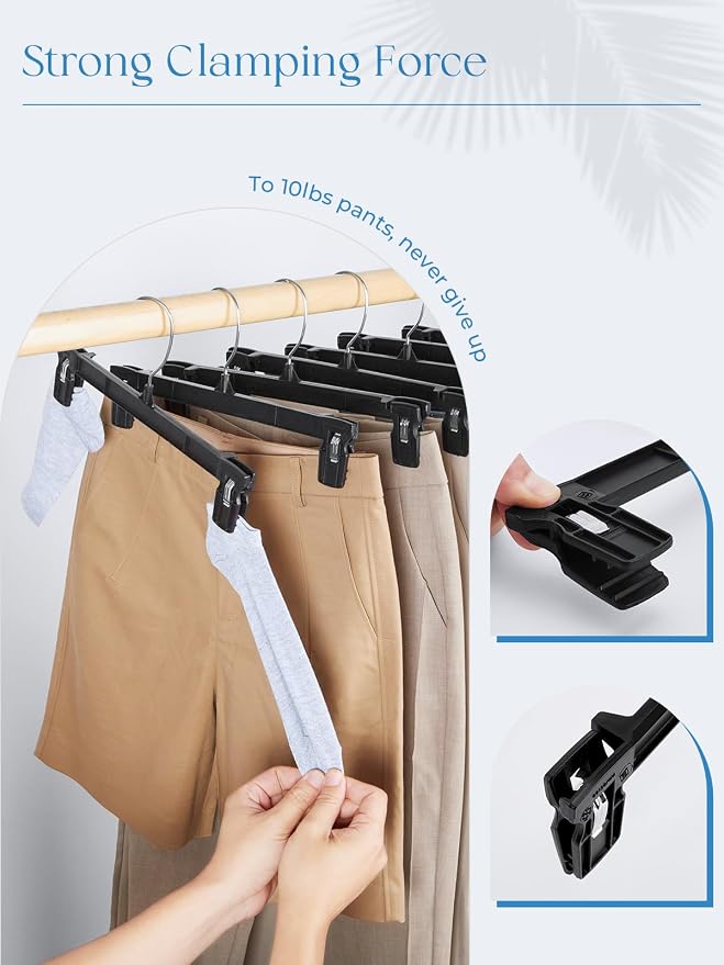 Smartor Black Pants Hangers 30 Pack, Skirt Hangers with Clips, 12 Inch | Non-Slip Clips, 360° Swivel Hooks, Versatile Plastic Clip Hangers for Shorts, Trousers, Jeans, Skirt, Pants, Leggings - Image 3