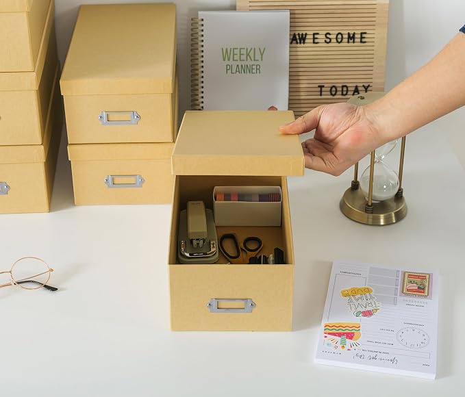 Soul & Lane - Kraft Photo Storage Boxes with Lids, Set of 6 in 2 Sizes | Cardboard Picture Organizers with Label Holders for Crafts, Decoupage and Collectibles, Large Brown Keepsake Containers - Image 3
