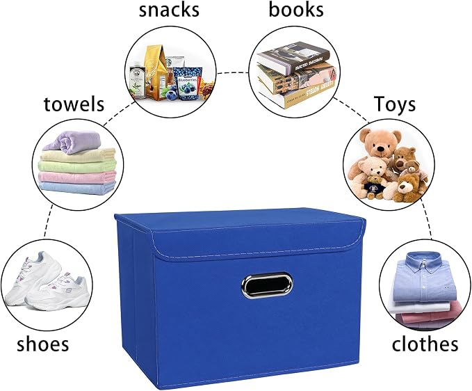 Linen Fabric Foldable Collapsible Storage Cube Bin Organizer Basket Fabric Storage Bins with Lid, Leather Handles, Removable Divider for Home, Closet, Dark Blue 3Pcs - Image 3