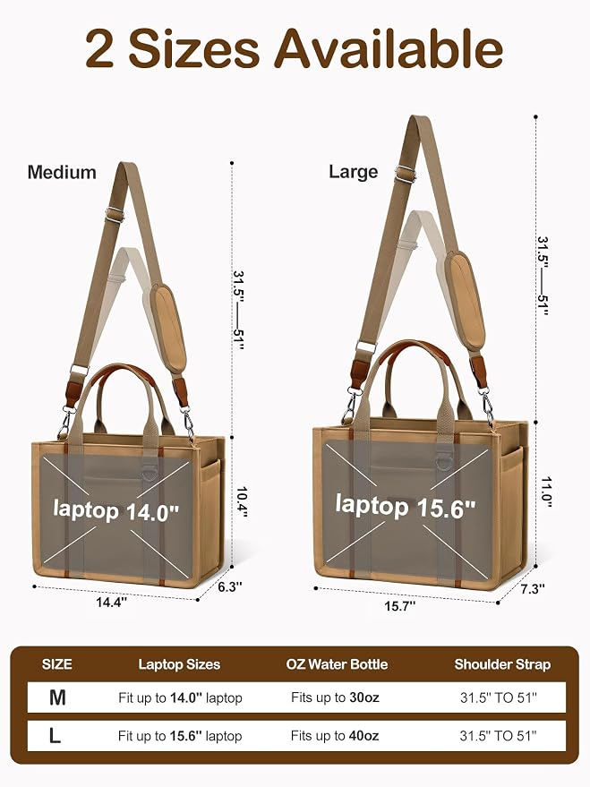 BESBESME Women’s Canvas Tote Bag with Zipper and Compartments – Multi-Pocket Laptop Work Crossbody Shoulder Tote Purse - Image 4